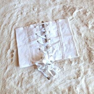 White Denim Corset Crop Top Small Jean Tie Up Back Zip Up